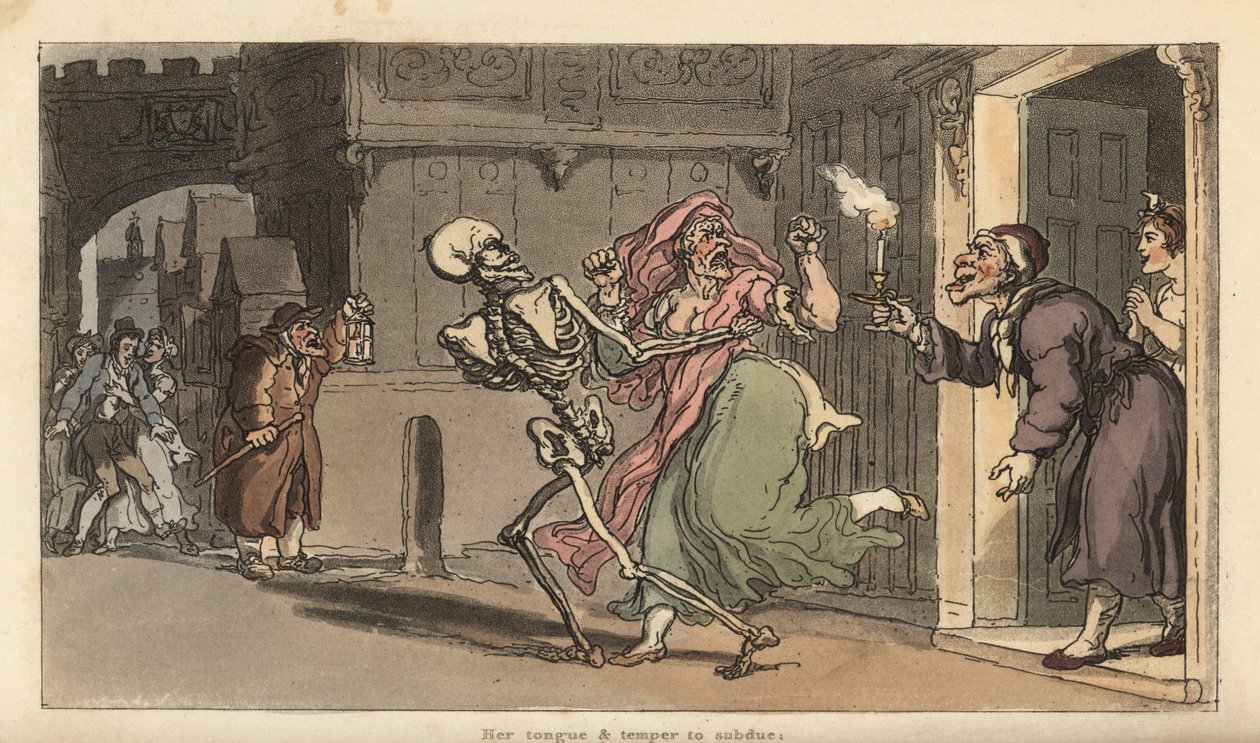 Szkielet Śmierci unosi Virago z domu, na co patrzy nocny stróż z latarnią. Ręcznie kolorowany miedzioryt narysowany i grawerowany przez Thomasa Rowlandsona z The English Dance of Death, Ackermann, Londyn autorstwa Thomas Rowlandson