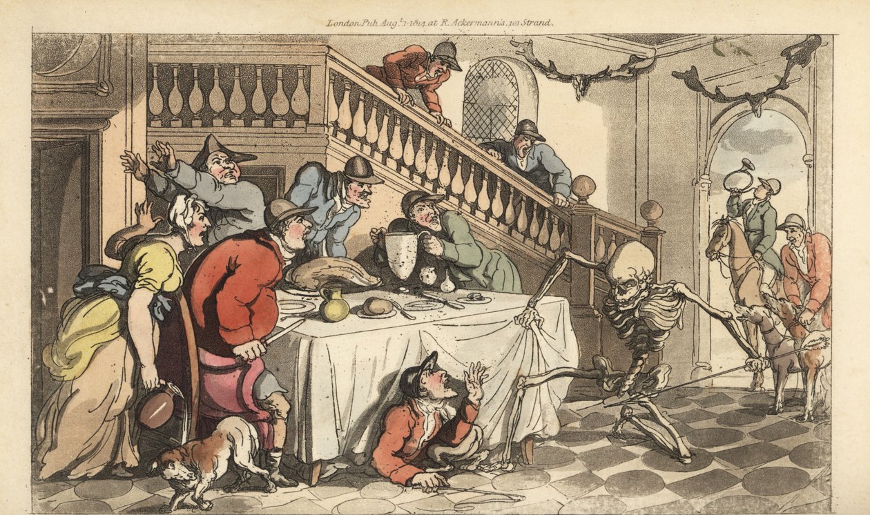 Szkielet Śmierci przychodzi po Łowcy, który chowa się pod stołem po polowaniu na lisa. Ręcznie kolorowany miedzioryt narysowany i grawerowany przez Thomasa Rowlandsona z The English Dance of Death, Ackermann, Londyn autorstwa Thomas Rowlandson