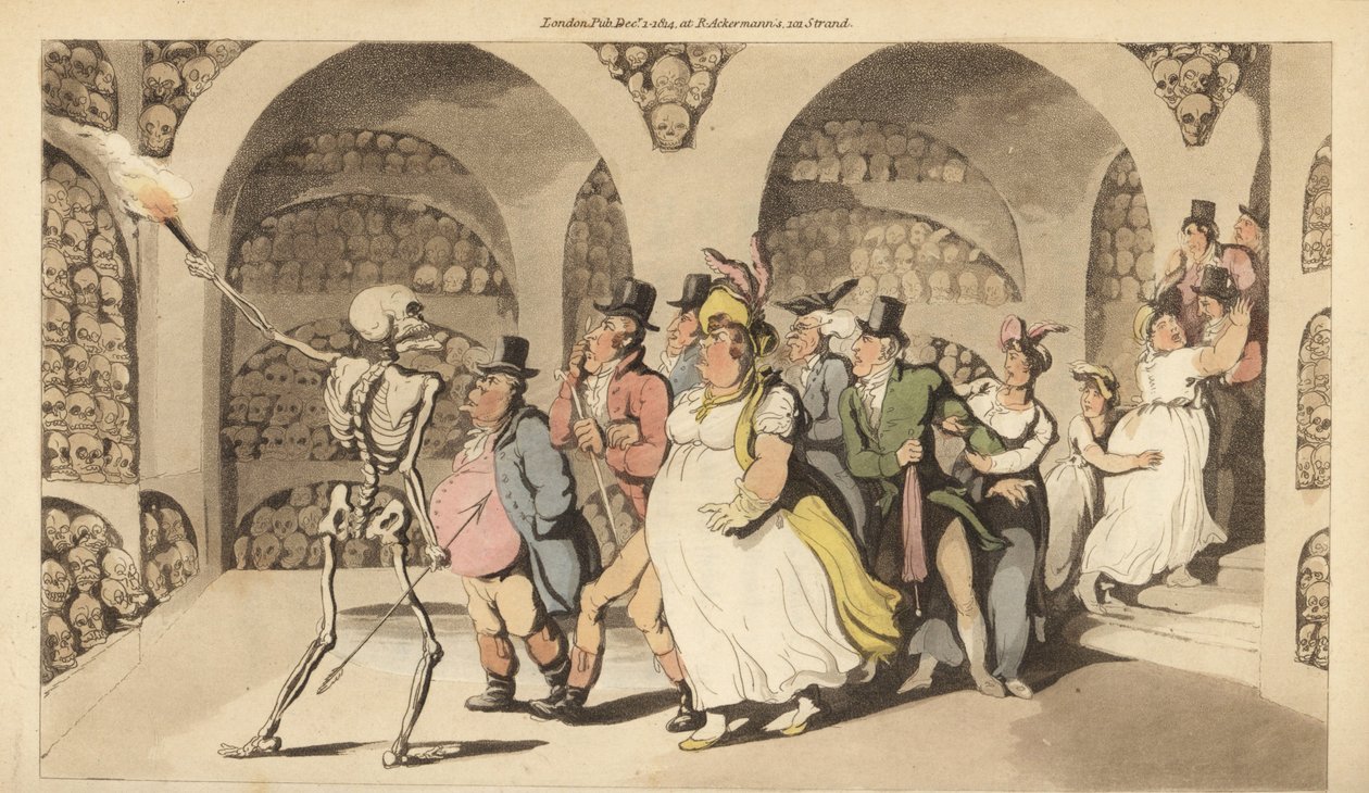 Szkielet Śmierci prowadzi grupę turystów przez katakumby w Paryżu. Ręcznie kolorowany miedzioryt narysowany i grawerowany przez Thomasa Rowlandsona z The English Dance of Death, Ackermann, Londyn autorstwa Thomas Rowlandson