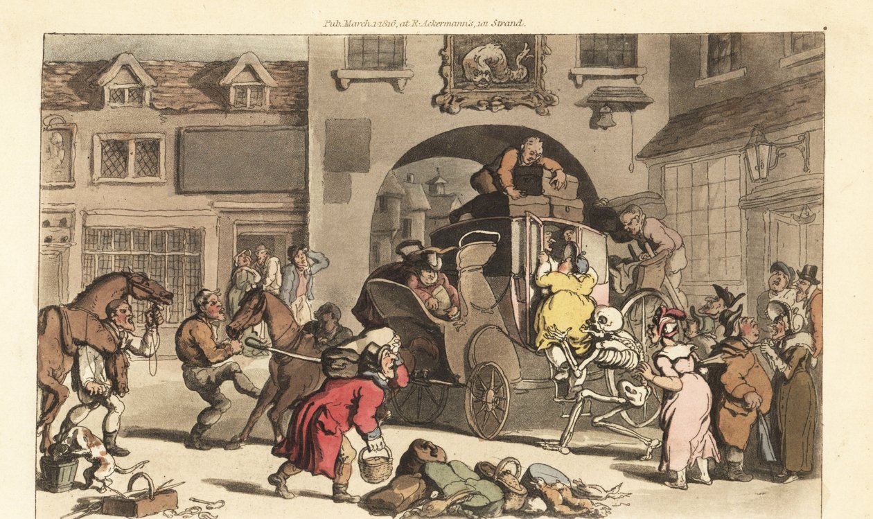 Szkielet Śmierci pomaga dużej matronie wejść na fatalny Ostatni Etap. Ręcznie kolorowany miedzioryt narysowany i grawerowany przez Thomasa Rowlandsona z The English Dance of Death, Ackermann, Londyn autorstwa Thomas Rowlandson