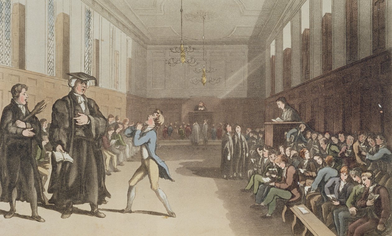 Surowy preceptor, ze swoim groźnym gopem, wzywa mądrą korektę rózgi, z Kompendium traktatu o nowoczesnej edukacji, 1802 (ręcznie kolorowana, trawiona płyta) autorstwa Thomas Rowlandson