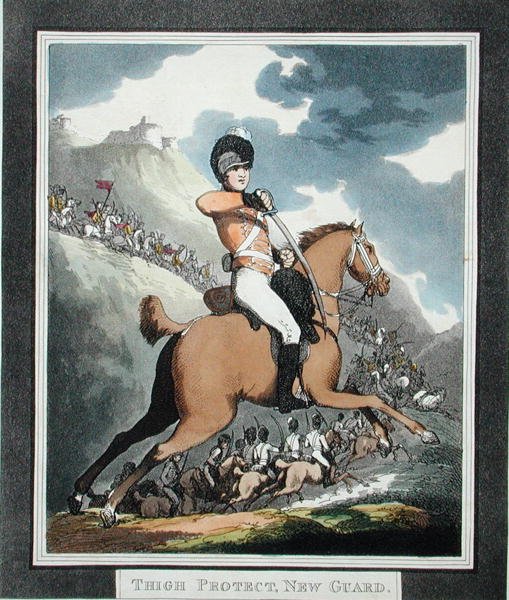 Ochraniacz na udo, Nowa Gwardia, z "Węgierskiego i Górskiego Miecza", wyd. 1798 (akwatinta) autorstwa Thomas Rowlandson