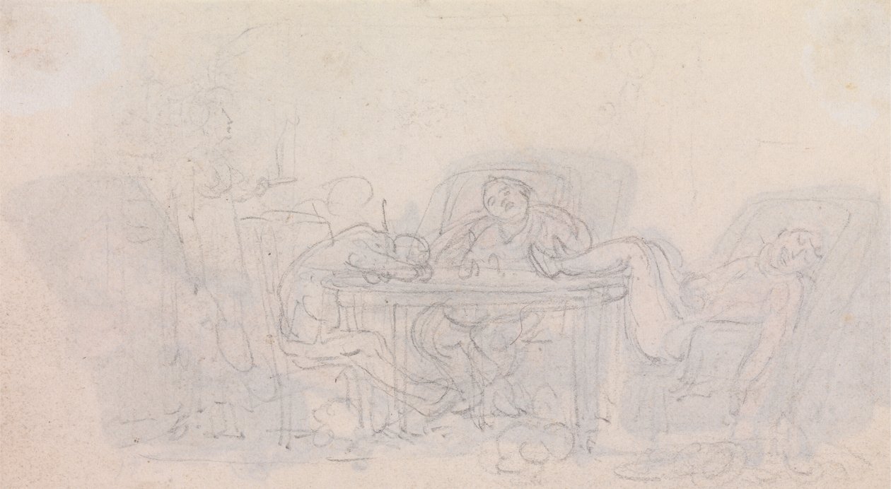 Trzej sportowcy śpiący przy stole w swoich krzesłach autorstwa Thomas Rowlandson