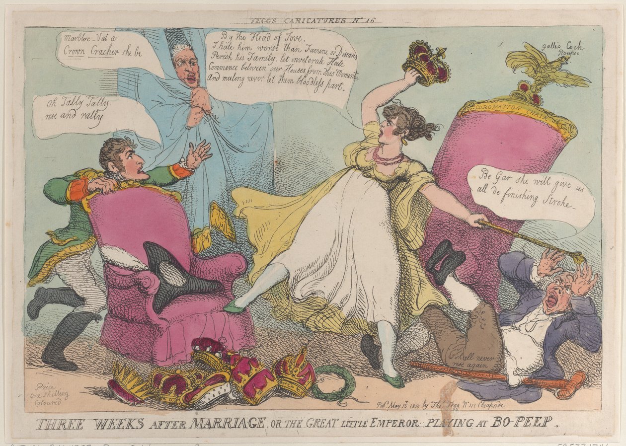 Trzy tygodnie po ślubie, czyli Wielki Mały Cesarz bawiący się w Bo-Peep, 15 maja..., 15 maja 1810. autorstwa Thomas Rowlandson