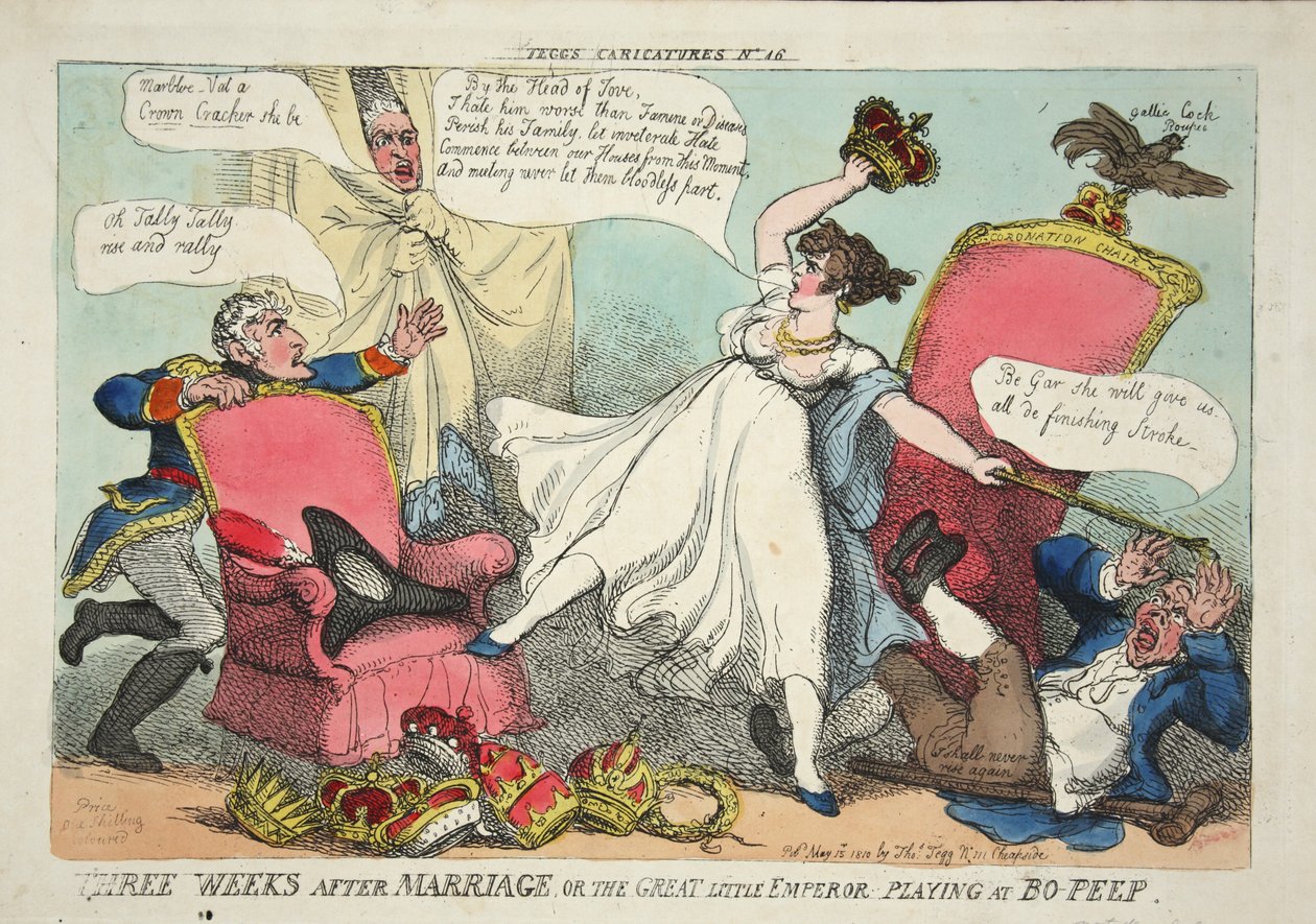 Trzy tygodnie po ślubie, czyli Wielki Mały Cesarz grający Bo-Peep, wyd. 1810 (ręcznie kolorowane grawerowanie) autorstwa Thomas Rowlandson