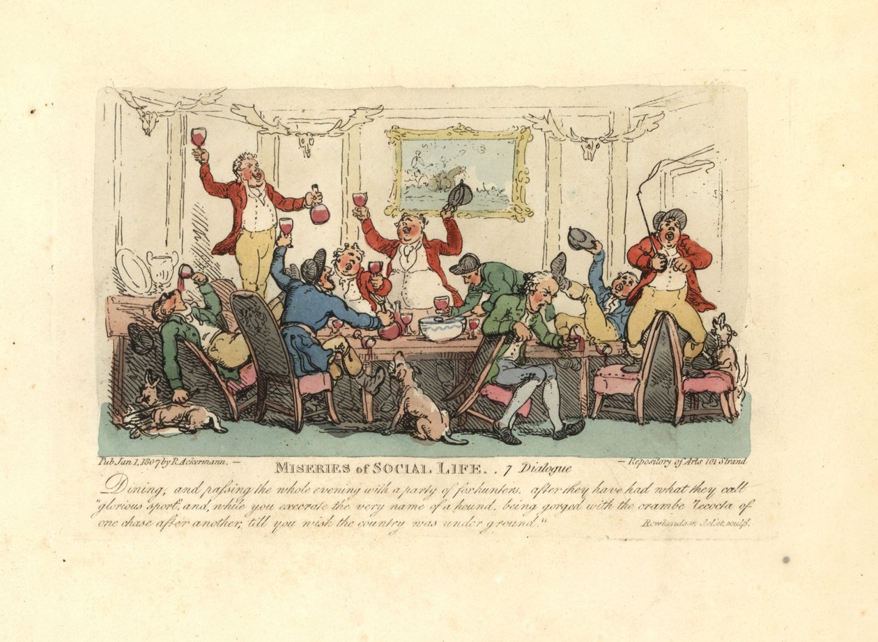 Zmęczony i pijany mężczyzna na hałaśliwej kolacji z lisami. autorstwa Thomas Rowlandson