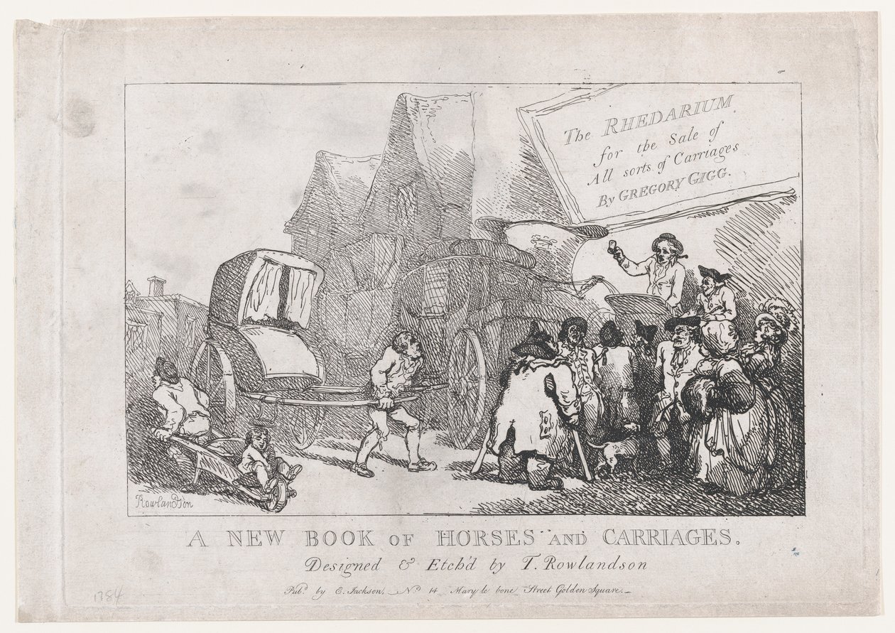 Strona tytułowa: Nowa księga koni i powozów, czyli Rhedarium na sprzedaż wszelkiego rodzaju..., 1784. autorstwa Thomas Rowlandson
