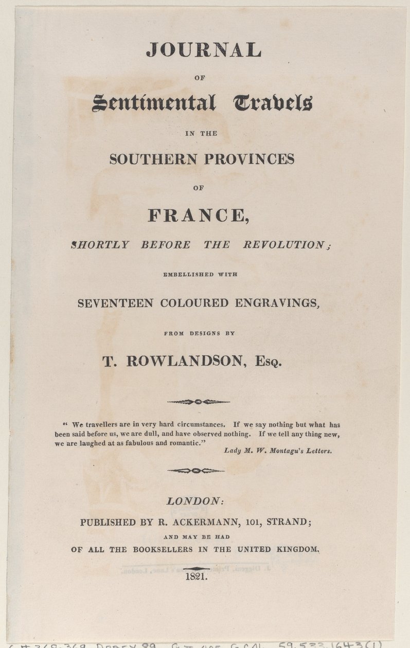 Strona tytułowa, z Journal of Sentimental Travels in the Southern Provinces of France, Shor..., 1821. autorstwa Thomas Rowlandson