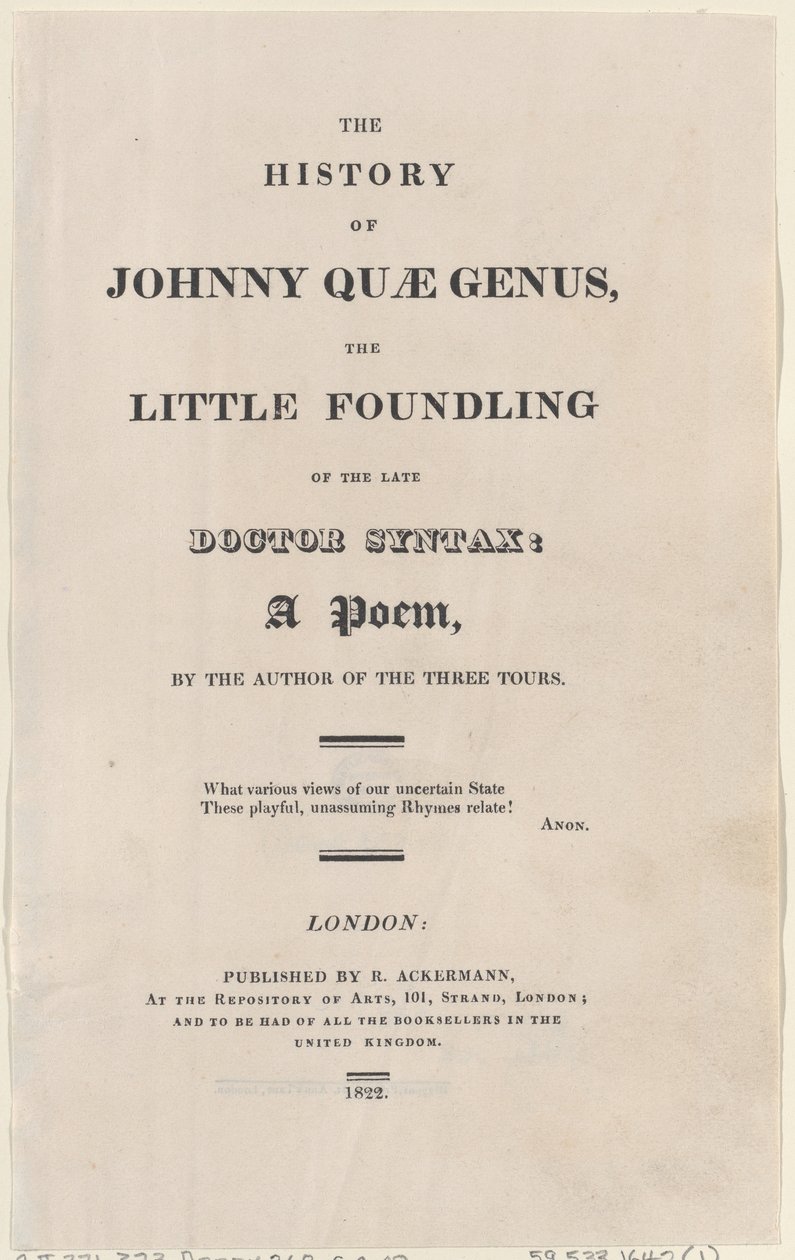 Strona tytułowa, z The History of Johnny Quae Genus, The Little Foundling of the Late Docto..., 1822. autorstwa Thomas Rowlandson