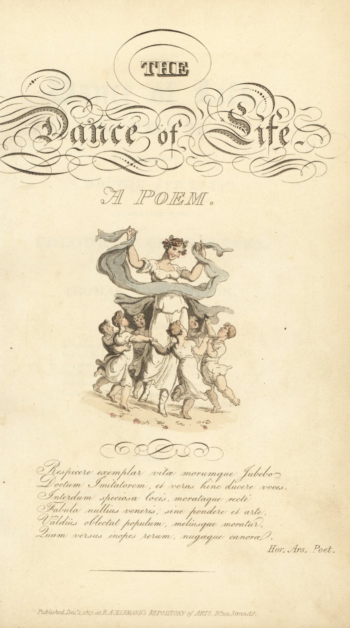 Strona tytułowa z kaligraficznym tytułem i winietą autorstwa Thomas Rowlandson