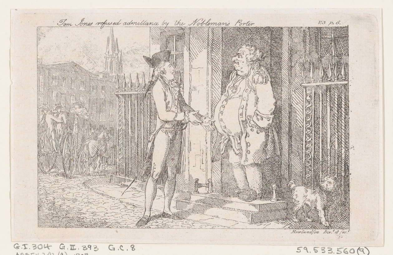 Tom Jones odmówił przyjęcia przez portiera szlachcica, z Historii Toma Jonesa, a F..., 1792. autorstwa Thomas Rowlandson