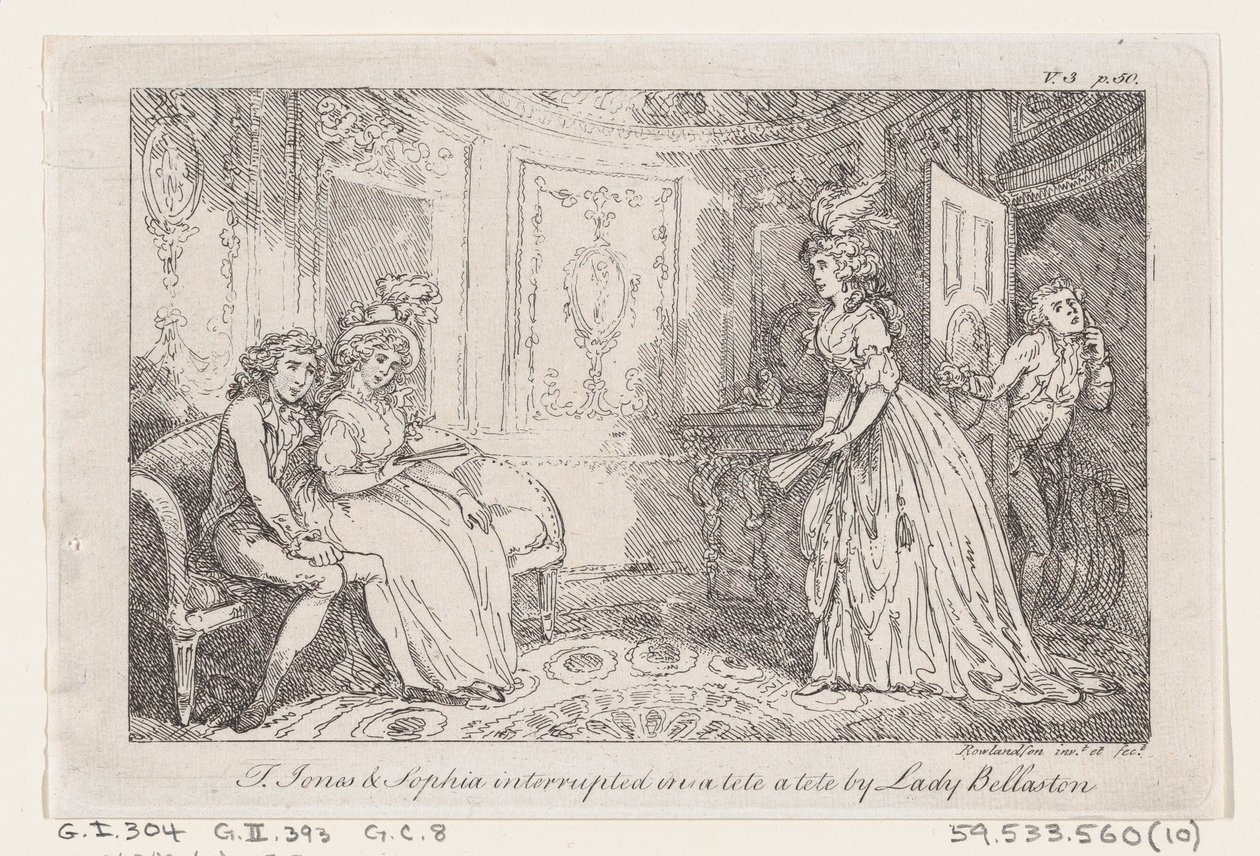 Tom Jones i Sophia przerwali tete a tete Lady Bellaston, z The History of To..., 1792. autorstwa Thomas Rowlandson