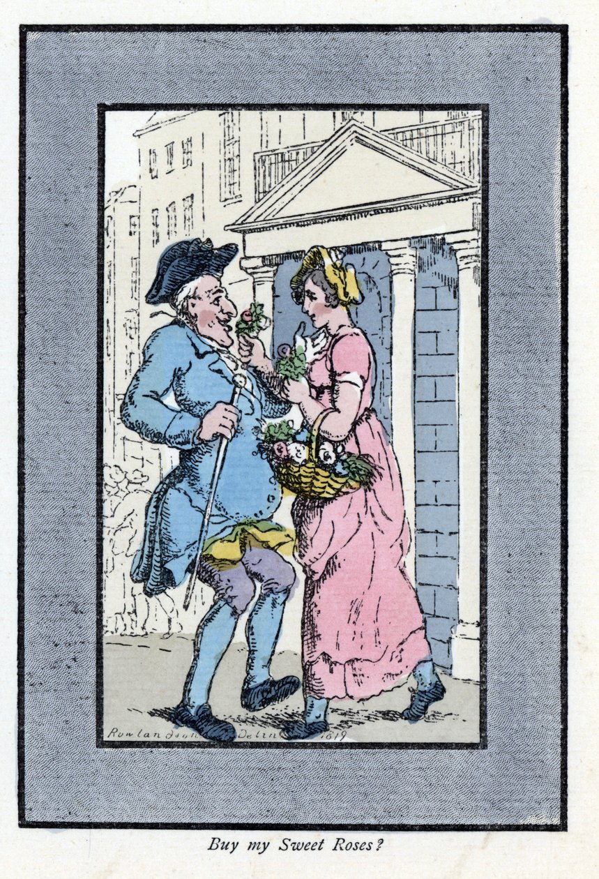 Wędrowny sprzedawca kwiatów, zbliżający się do uśmiechniętego dżentelmena z bukietem róż (1819). Drzeworyt, oparty na obrazie Thomasa Rowlandsona (1756-1827), opublikowany w The Cris of London: z sześciorgiem uroczych dzieci i prawie 40 ilustracjami, b autorstwa Thomas Rowlandson