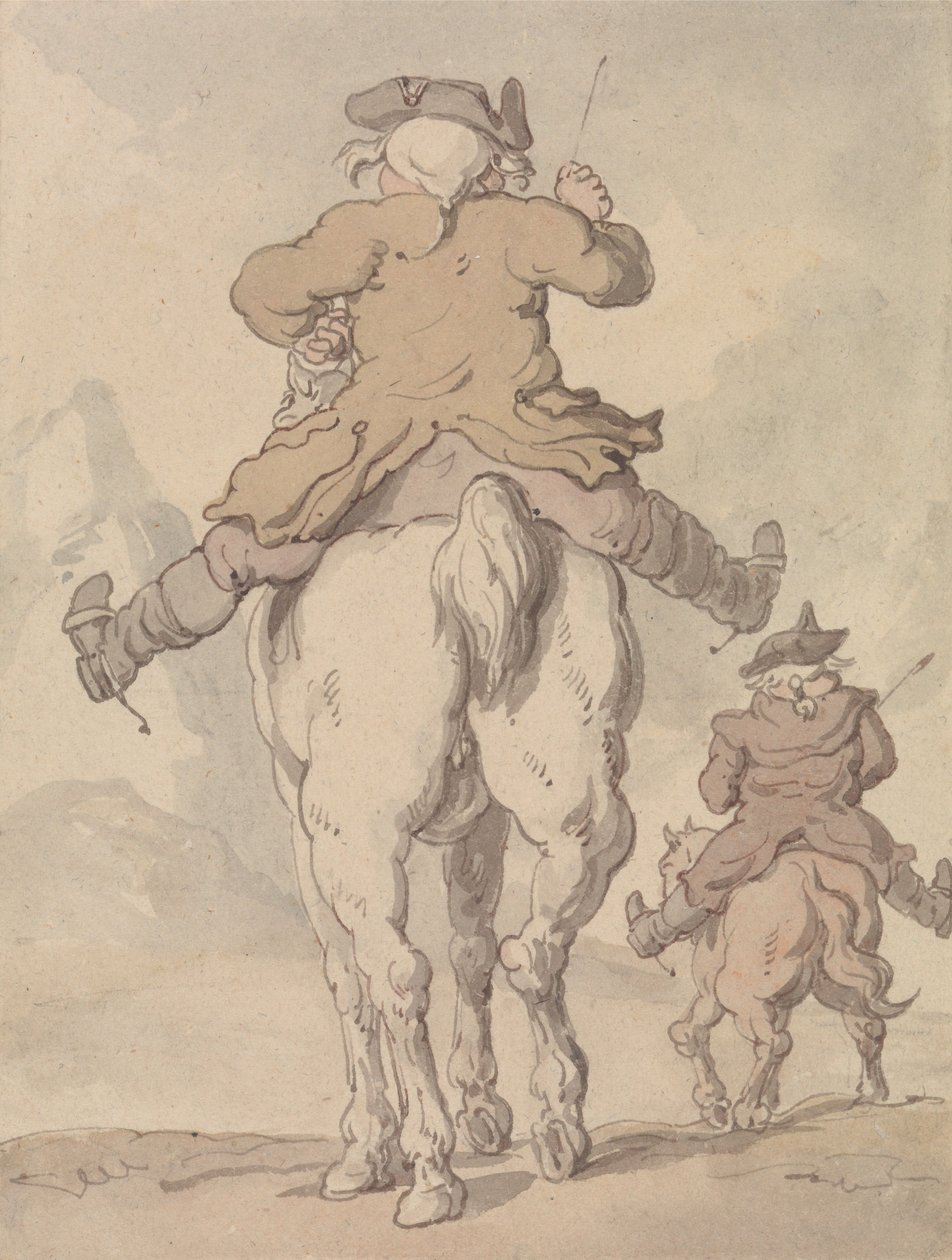 Dwóch mężczyzn na koniach widzianych od tyłu autorstwa Thomas Rowlandson