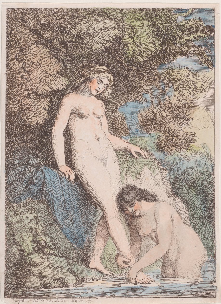 Dwie kąpiące się nimfy, jedna myjąca nogę drugiej, 20 maja 1799, 20 maja 1799. autorstwa Thomas Rowlandson
