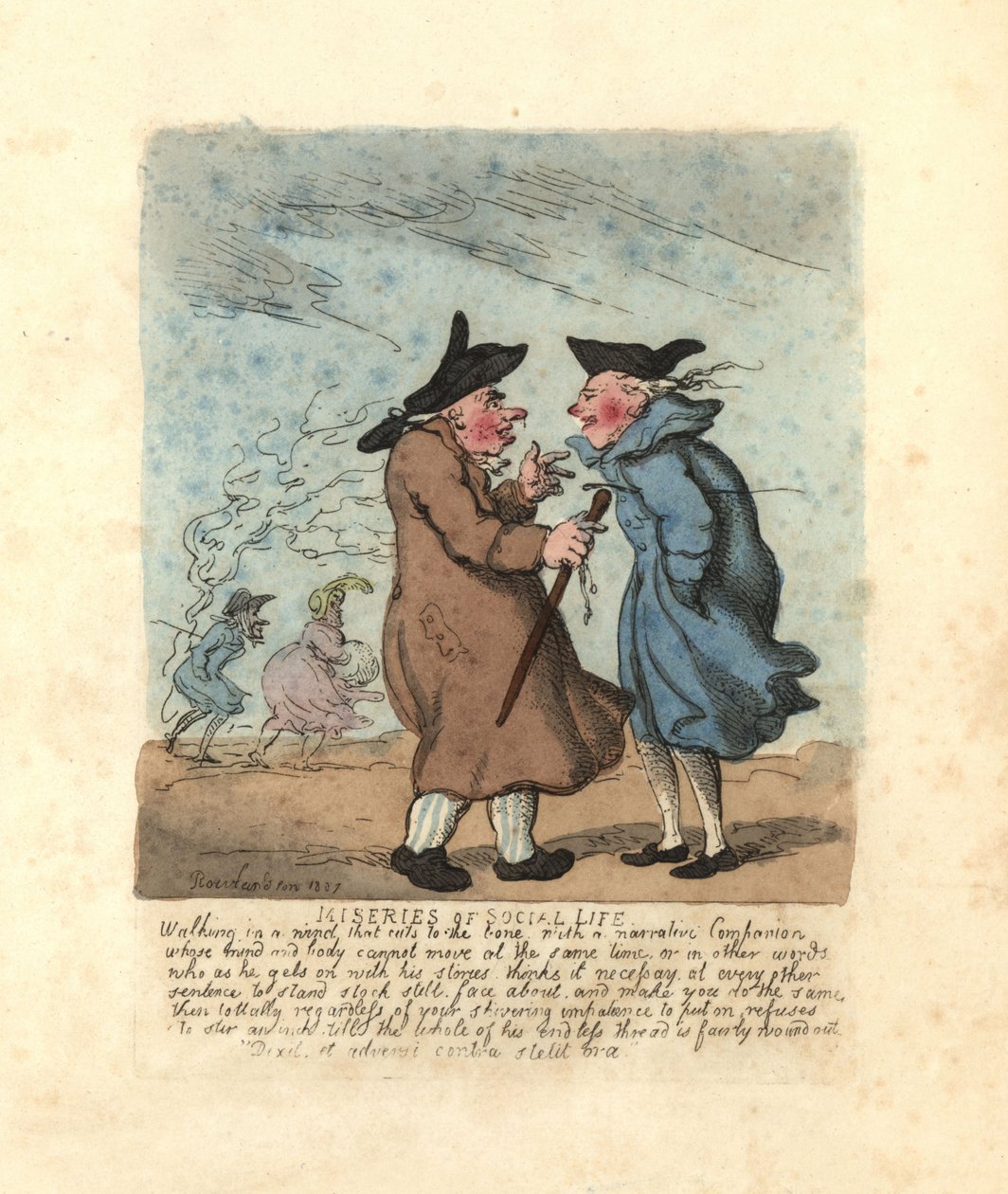 Dwóch mężczyzn z regencji zatrzymało się, by porozmawiać na mroźnym wietrze. autorstwa Thomas Rowlandson