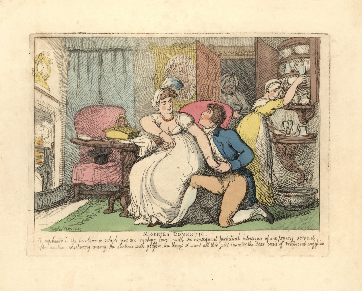 Dwoje kochanków w salonie niepokojonym przez wścibskie pokojówki. autorstwa Thomas Rowlandson