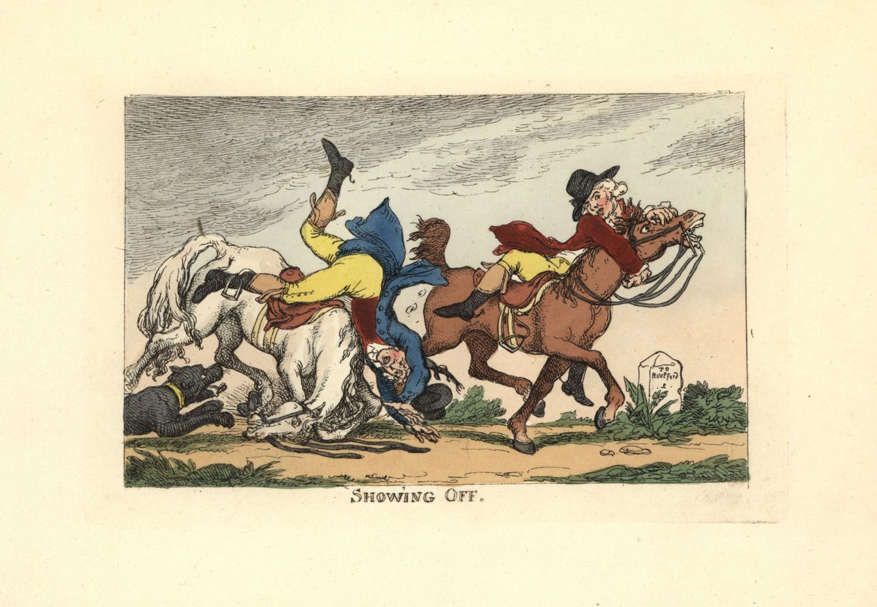 Dwóch mężczyzn spadających z koni po pokazie. Popisywać się. autorstwa Thomas Rowlandson