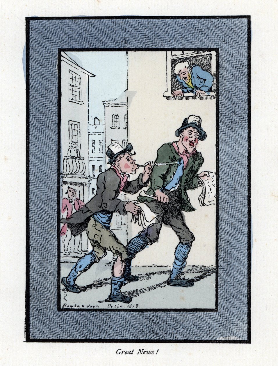 Dwóch sprzedawców gazet z długimi gwizdkami, sprzedających gazety na londyńskiej ulicy. Drzeworyt, oparty na obrazie Thomasa Rowlandsona (1756-1827), opublikowanym w The Cris of London: z sześciorgiem uroczych dzieci i prawie 40 ilustracjami, autorstwa And autorstwa Thomas Rowlandson