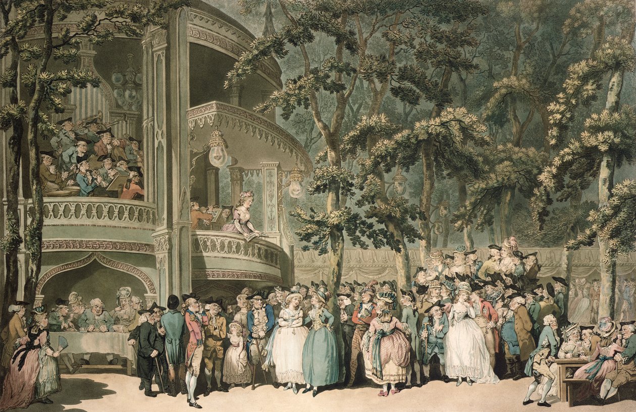 Vauxhall, rytowany przez Roberta Pollarda (1755-1838) i akwatynowany przez Francisa Jukesa (1747-1812), wyd. John Raphael Smith, 1785 (kolorowa akwatinta) autorstwa Thomas Rowlandson