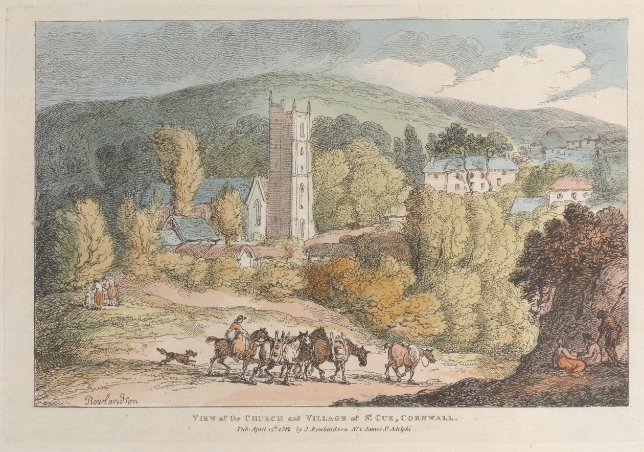 Widok kościoła i wioski St. Cue, Kornwalia, z Widoków w Kornwalii, A..., 12 kwietnia 1812 r. autorstwa Thomas Rowlandson