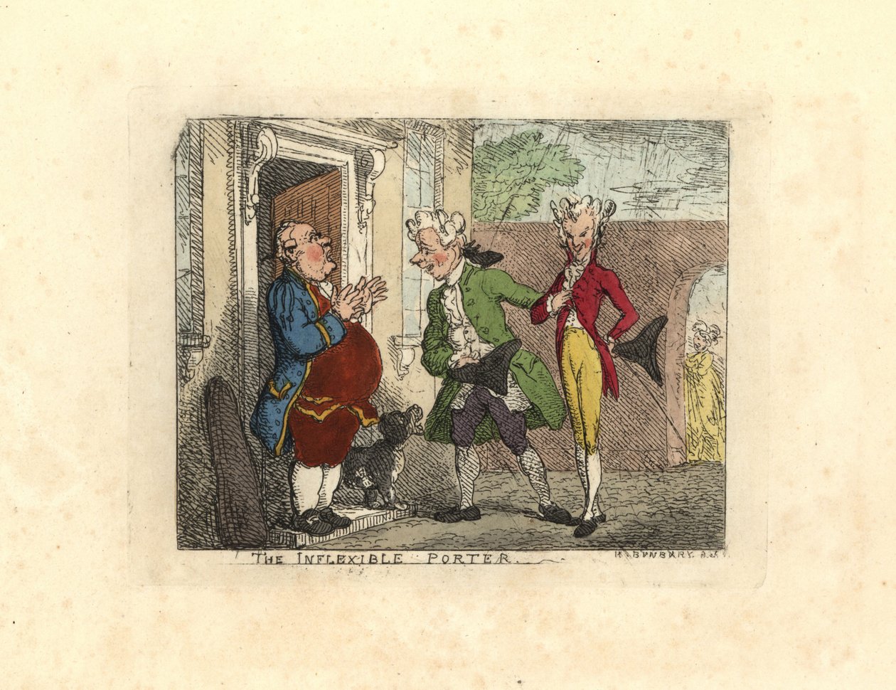 Przyjezdni panowie odmówili służącemu wejścia do domu. autorstwa Thomas Rowlandson