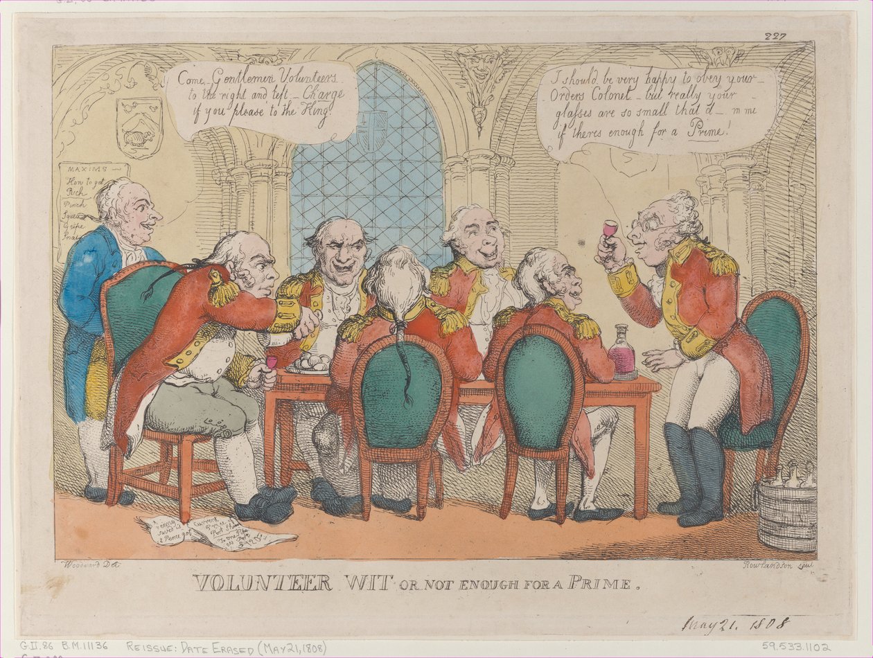 Ochotniczy dowcip albo za mało na premiera, 21 maja 1808 r., 21 maja 1808 r. autorstwa Thomas Rowlandson