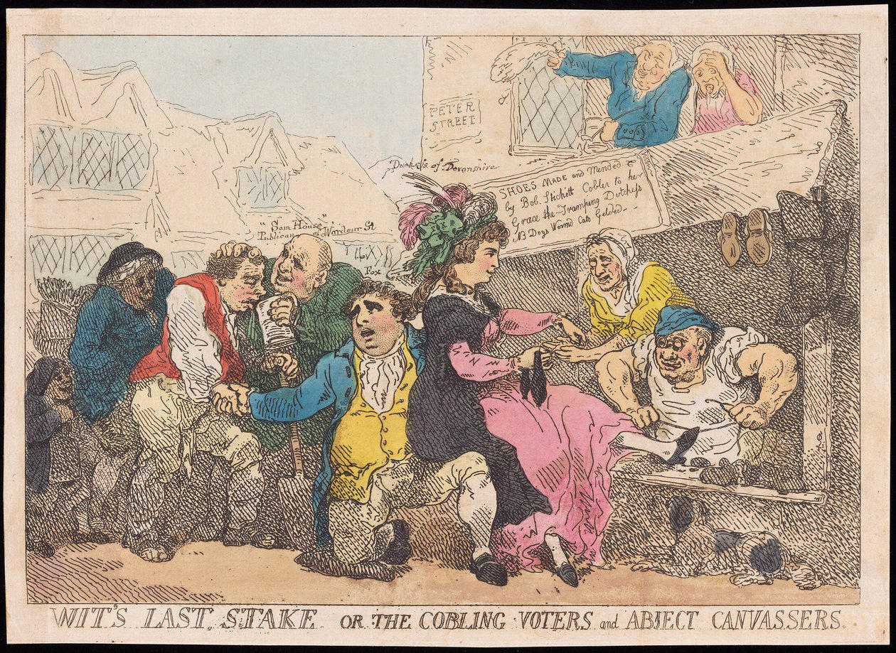 Wits Last Stake lub The Cobling Voters and Abject Canvassers, wyd. (ręcznie kolorowy grawer) autorstwa Thomas Rowlandson