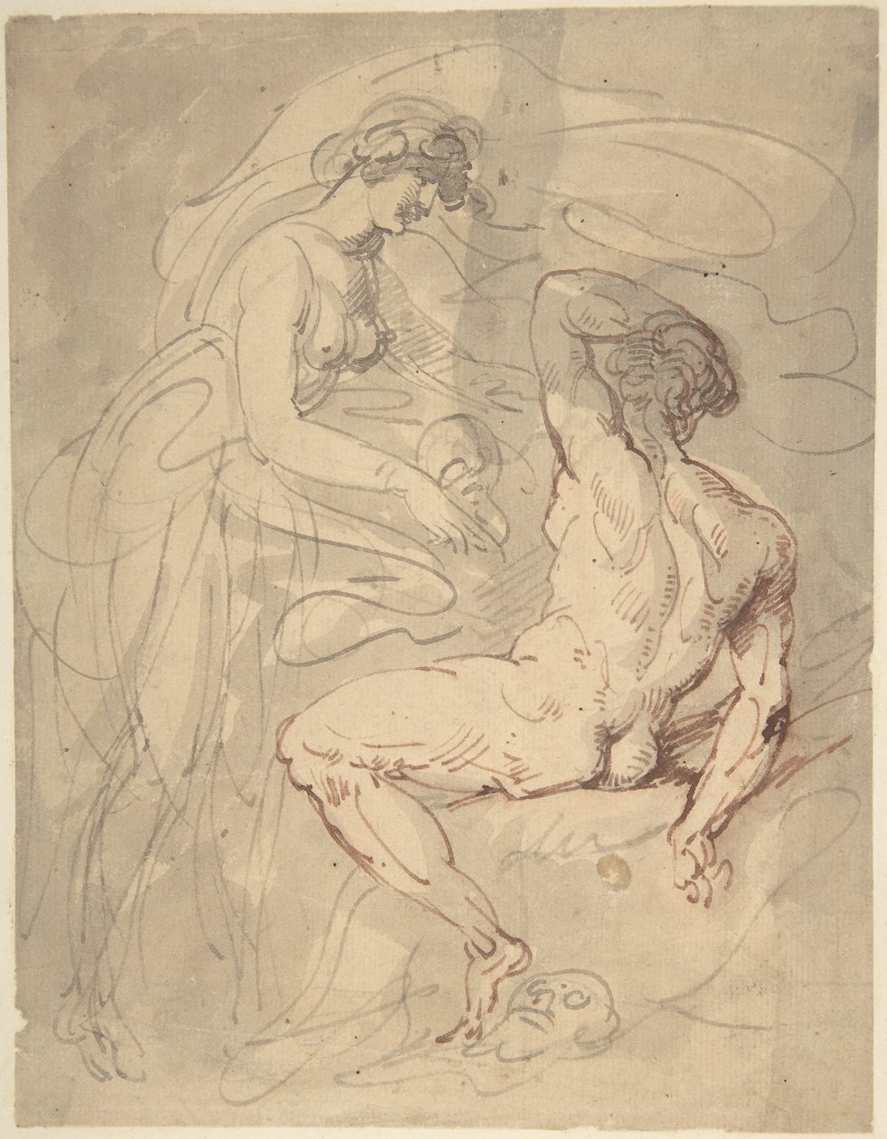 Kobieta rozmawiająca z siedzącym nagim mężczyzną autorstwa Thomas Rowlandson