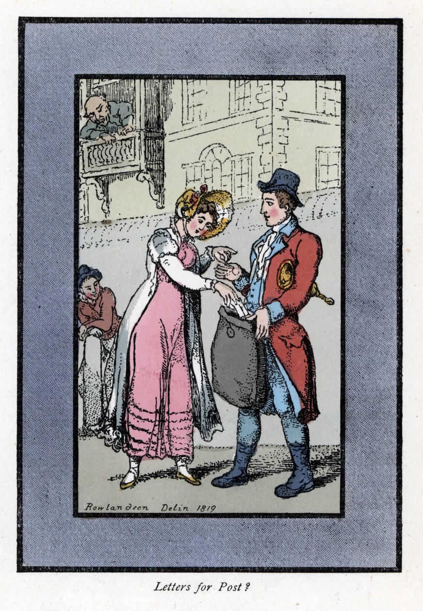 Kobieta płacąca i wkładająca list do torby niesionej przez pracownika brytyjskiej poczty królewskiej. Drzeworyt, oparty na obrazie Thomasa Rowlandsona (1756-1827), opublikowany w The Cris of London: z sześciorgiem uroczych dzieci i prawie 40 ilustracjami,  autorstwa Thomas Rowlandson