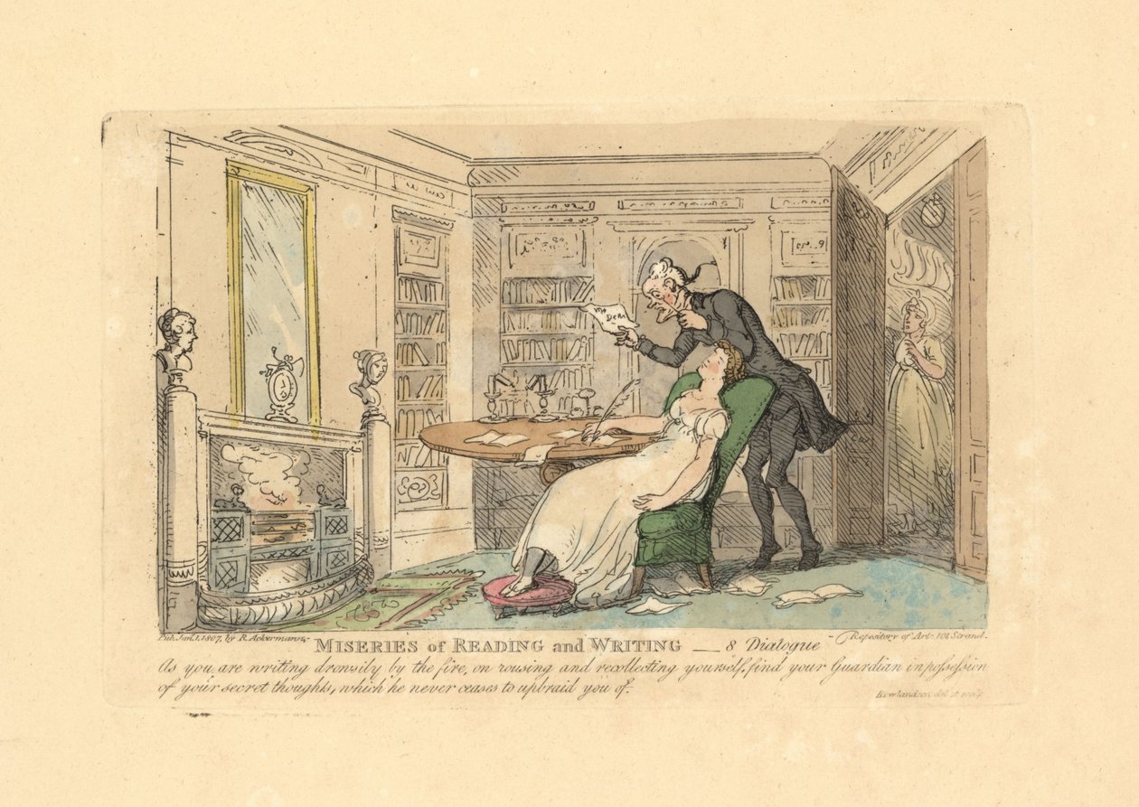 Kobieta śpi przy biurku, podczas gdy mężczyzna czyta jej sekretne myśli. autorstwa Thomas Rowlandson