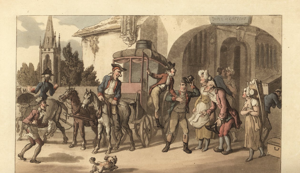 Młody angielski dżentelmen przybywający do francuskiej poczty autorstwa Thomas Rowlandson