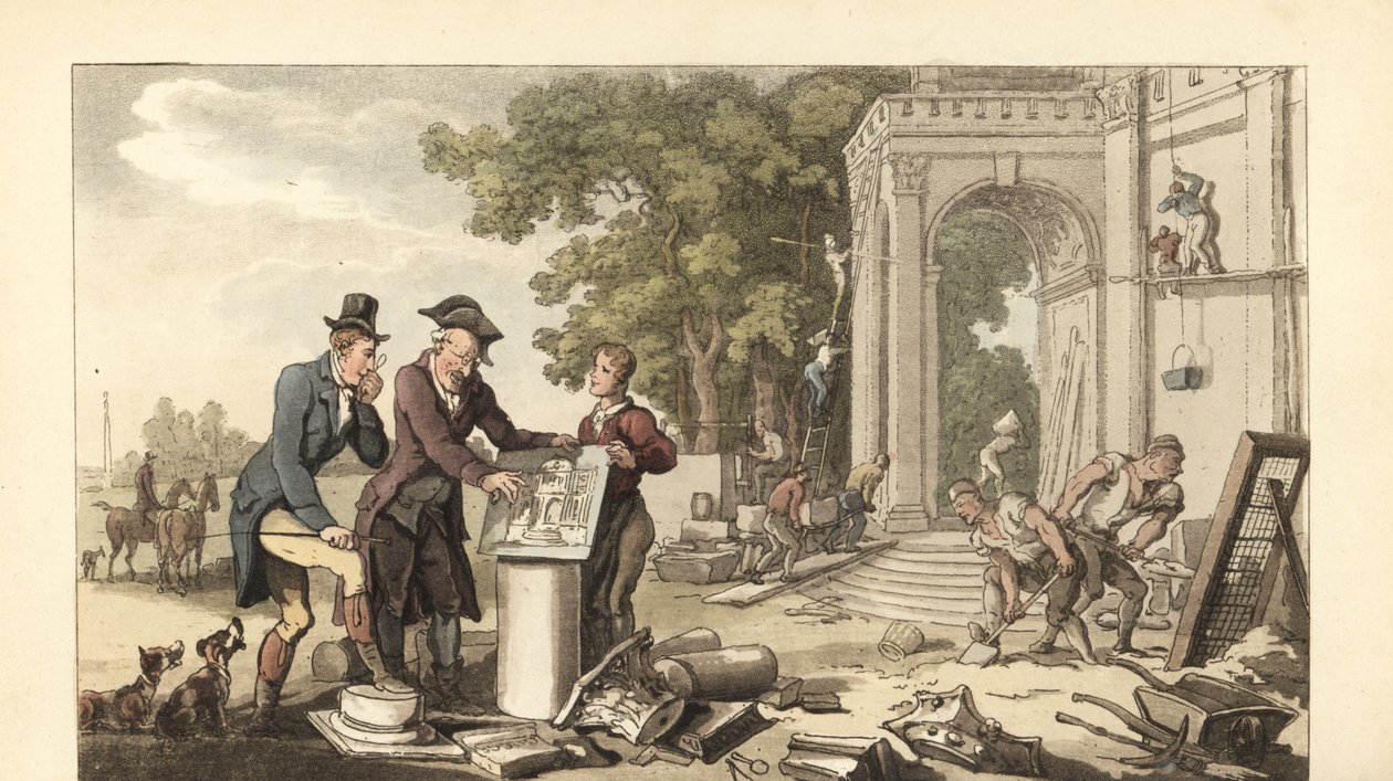 Młody angielski dżentelmen budujący okazały dom autorstwa Thomas Rowlandson