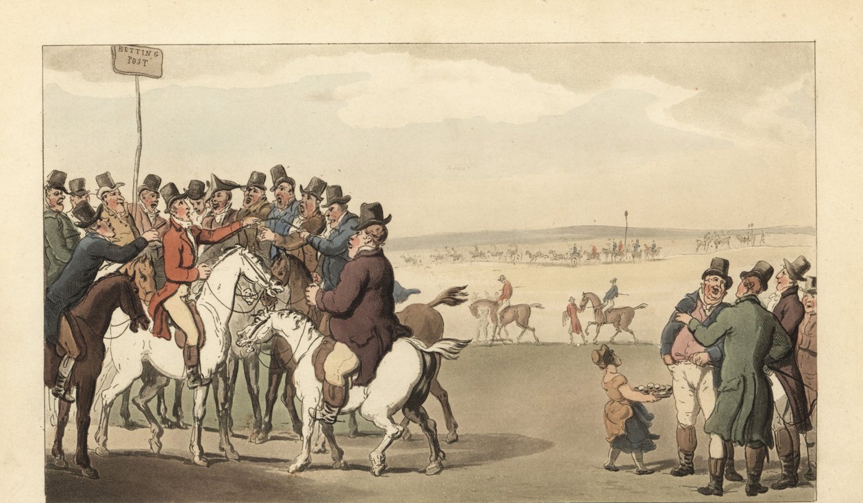 Młody angielski dżentelmen uprawia hazard na torze wyścigowym w Newmarket autorstwa Thomas Rowlandson