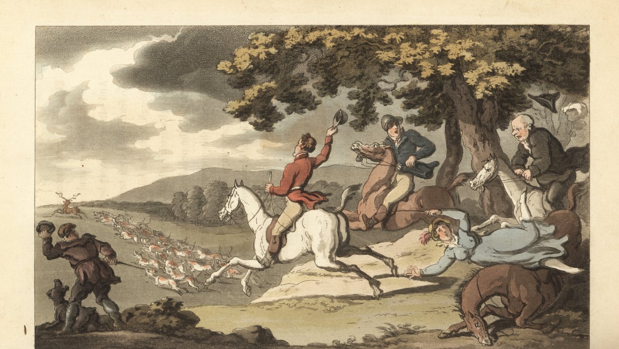 Młody angielski dżentelmen jedzie z psami w polowaniu na jelenia autorstwa Thomas Rowlandson