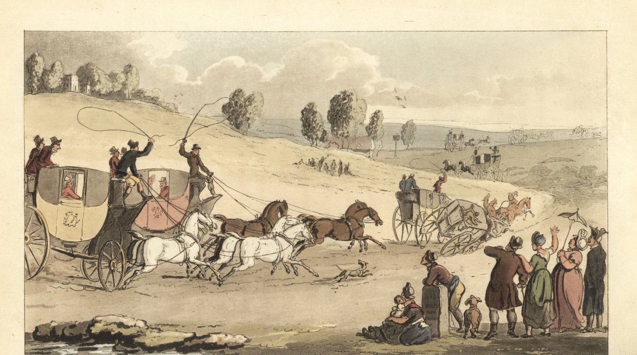 Młodzi angielscy dżentelmeni ścigający się powozami czterokonnymi po drodze autorstwa Thomas Rowlandson