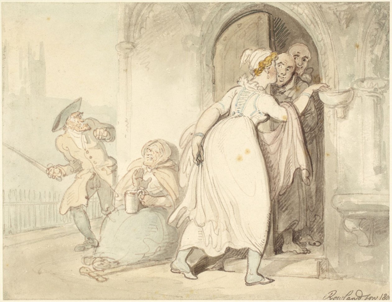 Młoda kobieta przy drzwiach kościoła lub w konfesjonale autorstwa Thomas Rowlandson