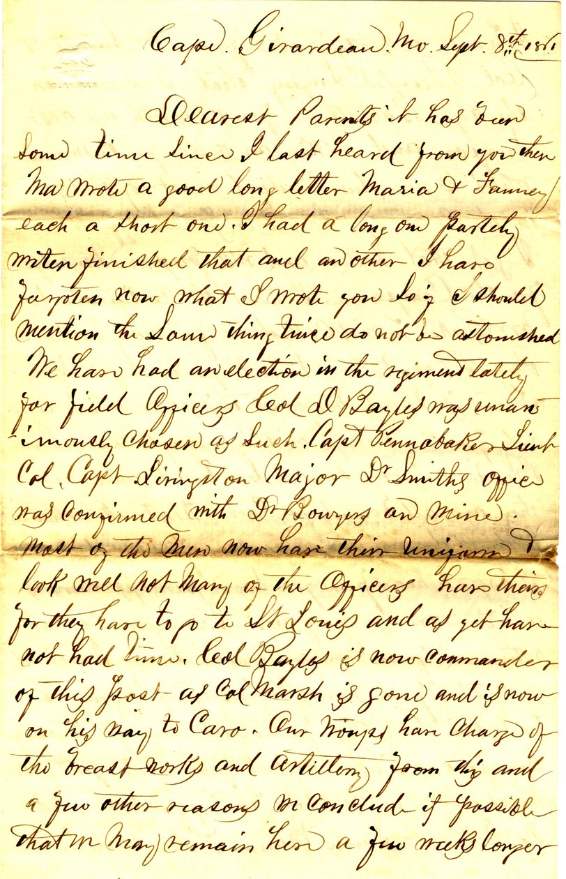 List podpisany T.S. Hawley, Cape Girardeau, Missouri, do rodziców, 8 września 1861 r autorstwa Thomas S. Hawley