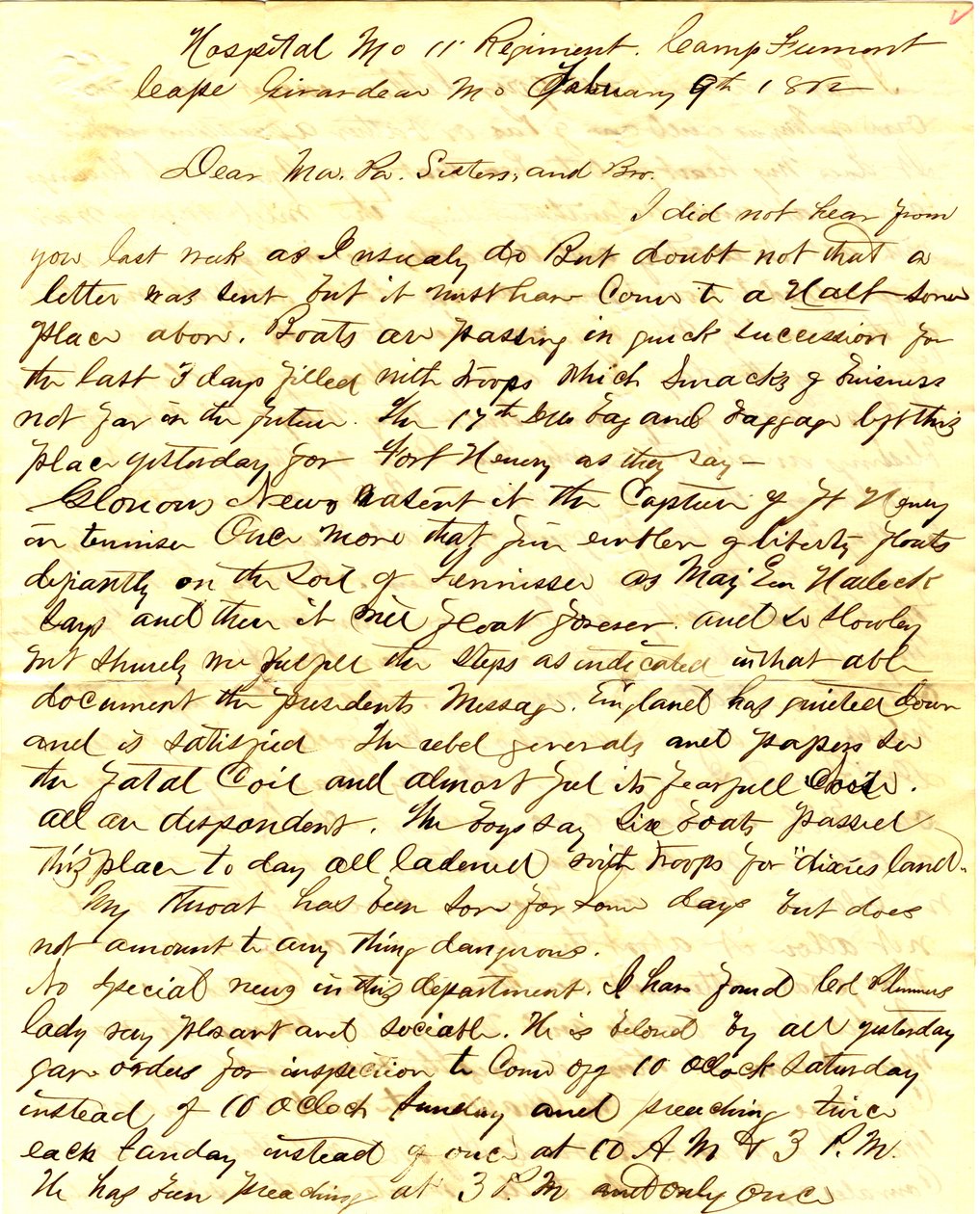 List podpisany T.S. Hawley, Hospital 11th Missouri Infantry, Camp Fremont, Cape Girardeau, do rodziny, 9 lutego 1862 autorstwa Thomas S. Hawley