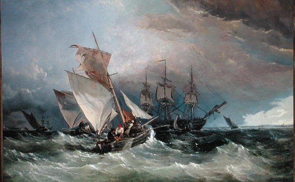 Shrimp Cutters off the Nore, Sheerness in the Distance, ok. 1854 (olej na płótnie) autorstwa Thomas Sewell Robins
