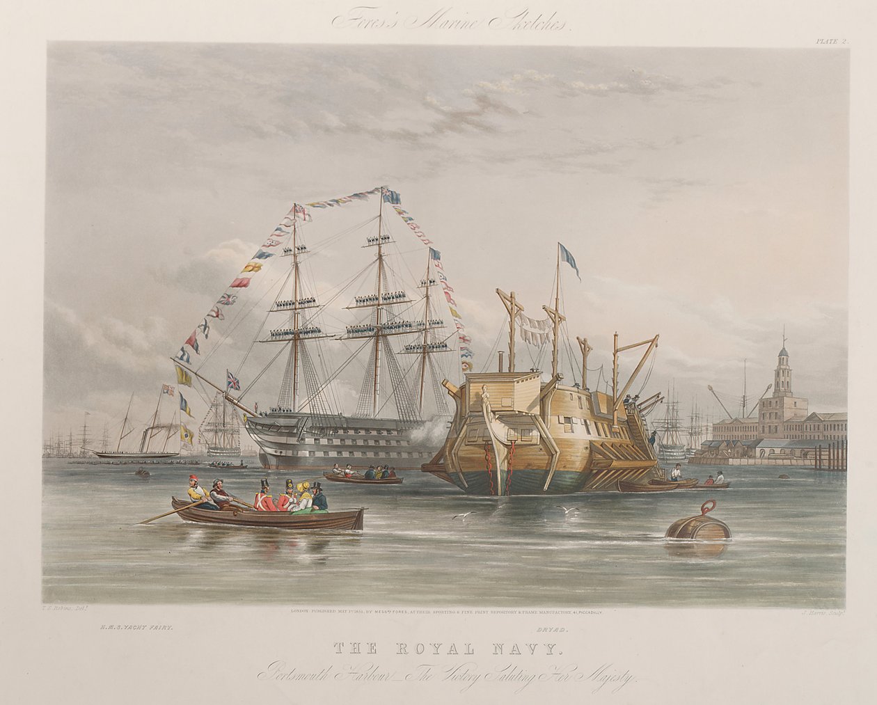 Królewska Marynarka Wojenna. Port Portsmouth - "Victory" salutujący Jej Królewskiej Mości (z HMY "Fairy" i "Dryad") autorstwa Thomas Sewell Robins
