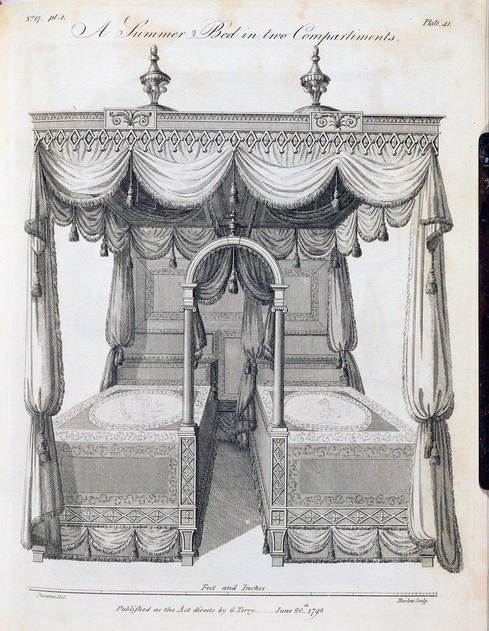 Łóżko letnie w dwóch przedziałach: płyta 41, z „Książki rysunkowej Stolarz i tapicer” Thomasa Sheratona, cz. III, wyd. G. Terry, czerwiec 1793 (druk czarno-biały) autorstwa Thomas Sheraton