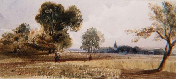 Figurki na ścieżce przez pole kukurydzy (akwarela) autorstwa Thomas Shotter Boys