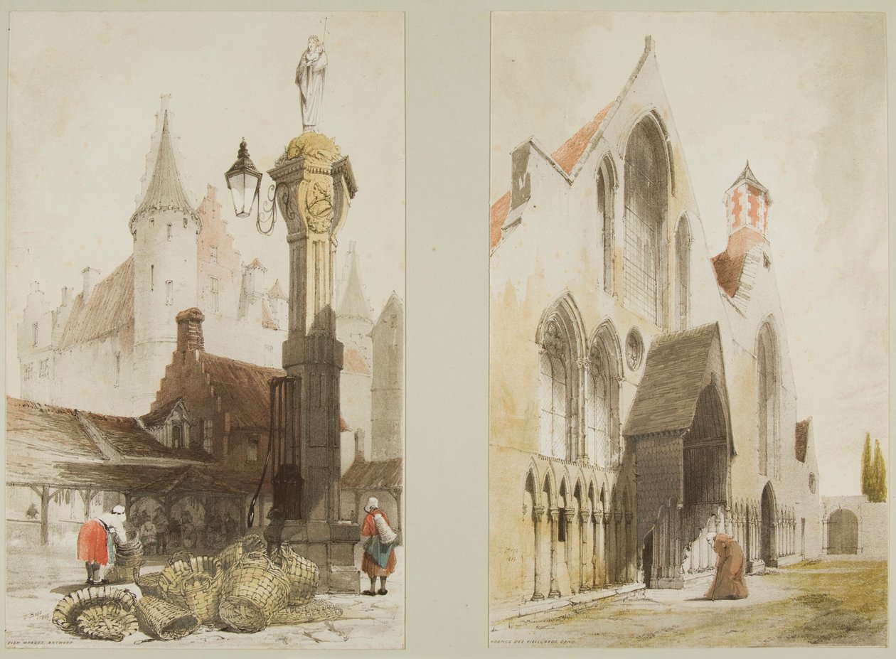 Targ Rybny, Antwerpia i Hospice des Vieillards, Cand, z Malowniczej Architektury w Paryżu, Gandawie, Antwerpii, Touen itp. autorstwa Thomas Shotter Boys