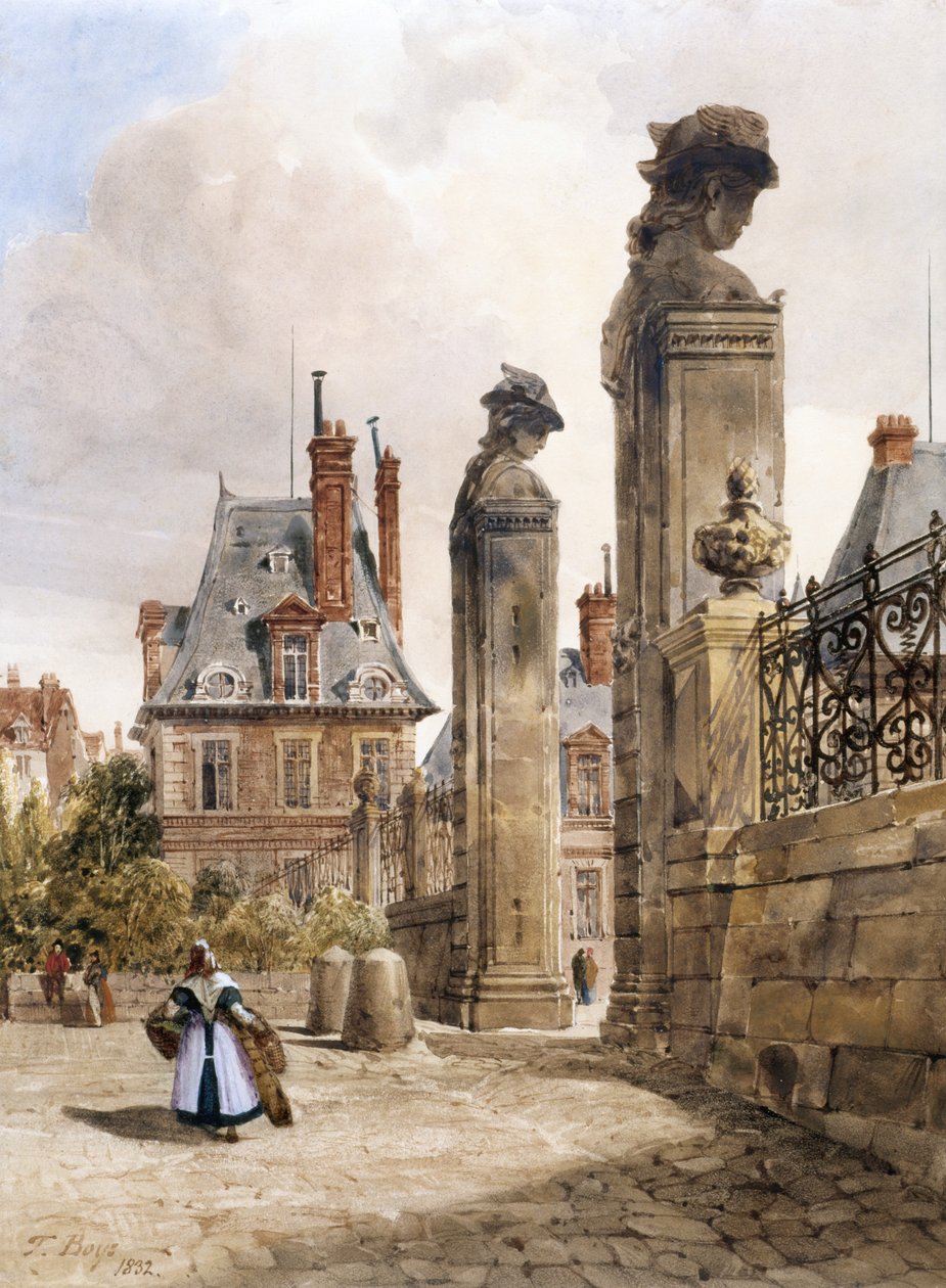 Grille Des Hermès, Porte Dauphine, Palace of Fontainebleau (akwarela z akcentami gumy arabskiej na białym papierze) autorstwa Thomas Shotter Boys