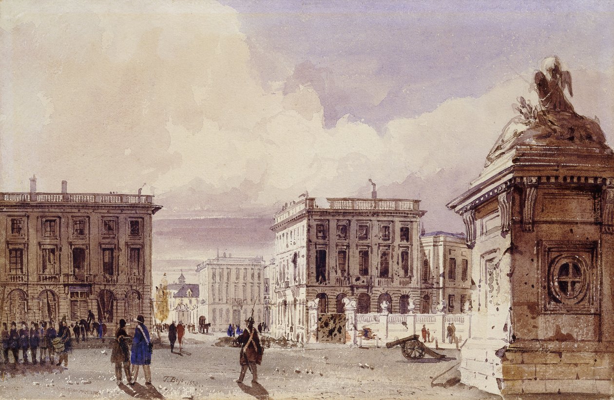 Hotel de Bellevue i Cafe d"Amitie widziane z parku, Bruksela, 1830 r. autorstwa Thomas Shotter Boys