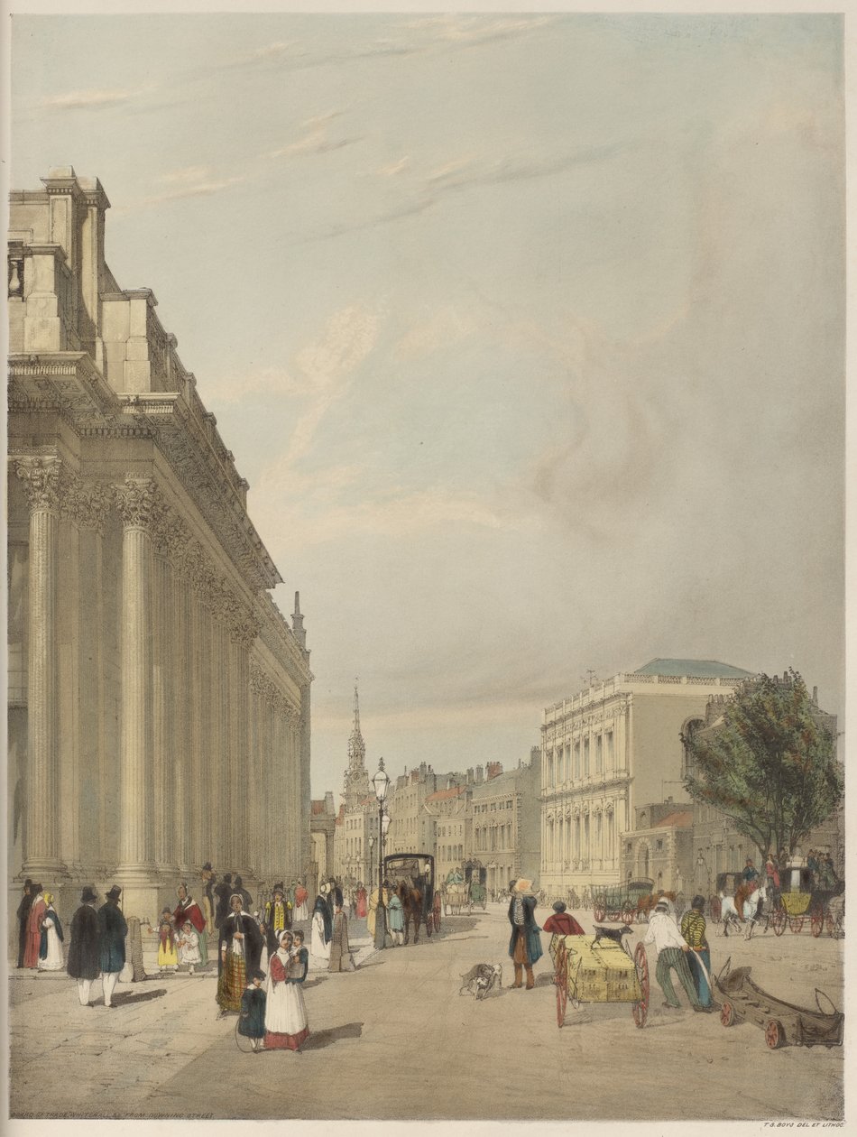 London As It Is: Board of Trade, Whitehall, z Downing Street autorstwa Thomas Shotter Boys