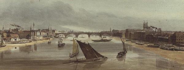 London Bridge od Southwark Bridge (pomnik po lewej) autorstwa Thomas Shotter Boys