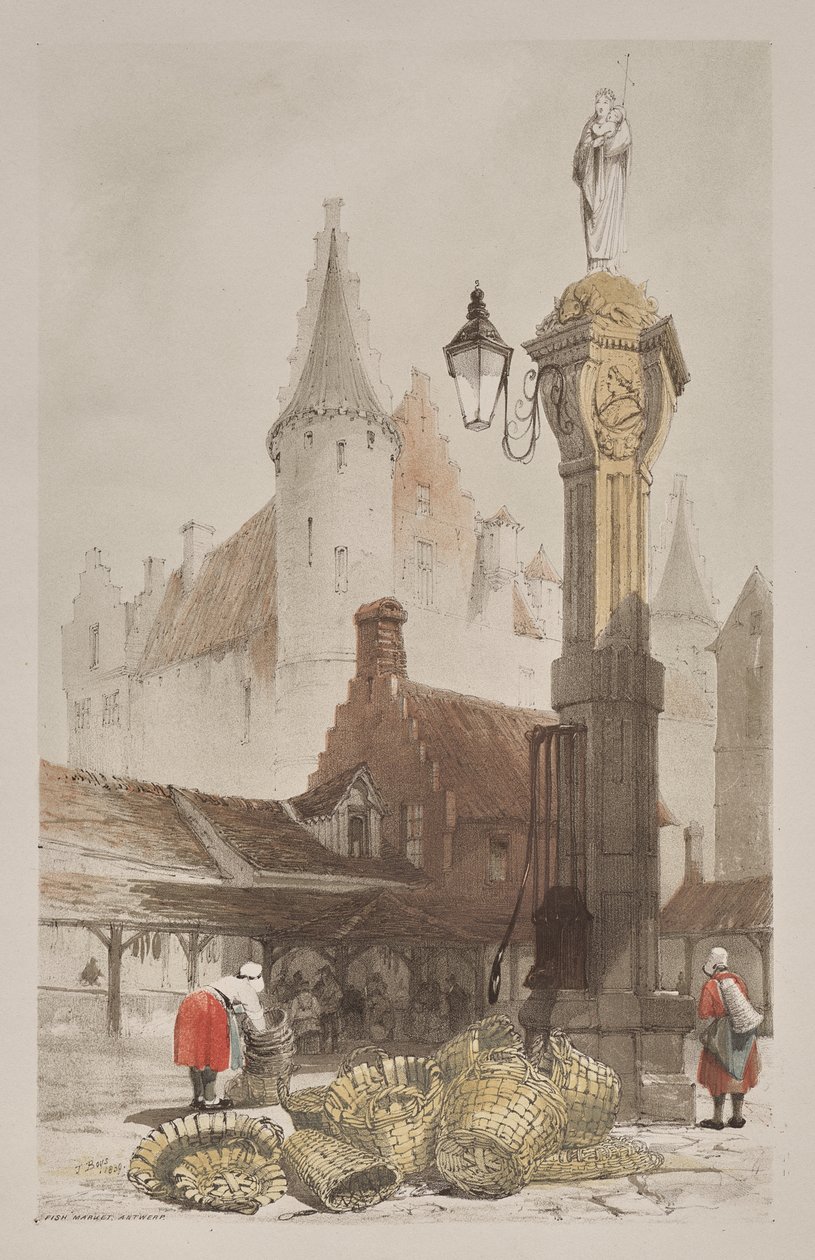 Malownicza architektura w Paryżu, Gandawie, Antwerpii, Rouen: Targ Rybny, Antwerpia, Belgia autorstwa Thomas Shotter Boys