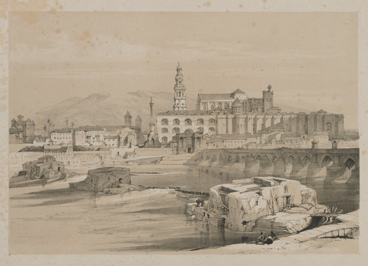 Malownicze szkice w Hiszpanii: pozostałości rzymskiego mostu na Guadalquiver, Cordova, 1837. autorstwa Thomas Shotter Boys